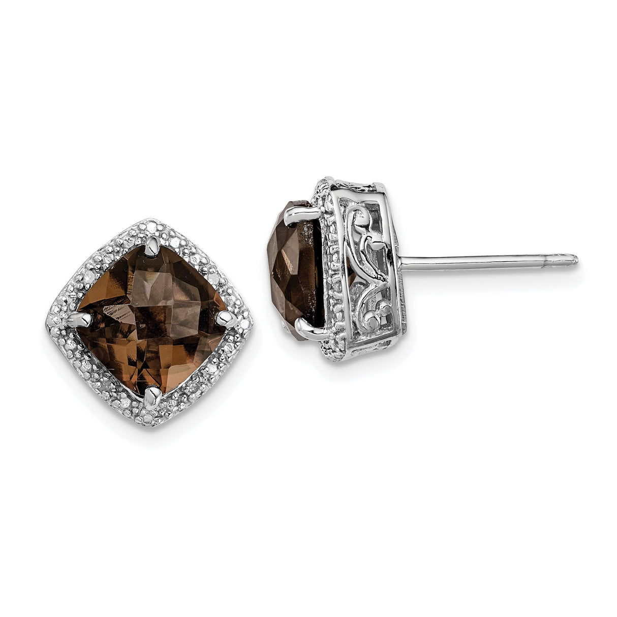 Sterling Silver Stud Earrings with Smoky Quartz, Diamond Accents, Filigree Vintage Style
