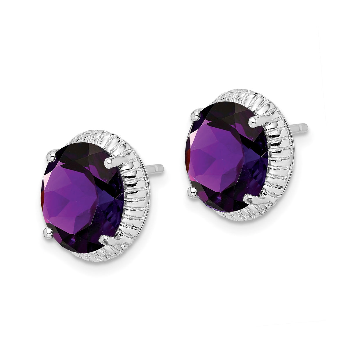 Sterling Silver Amethyst Stud Earrings with Oval Faceted Gemstone Basket Setting