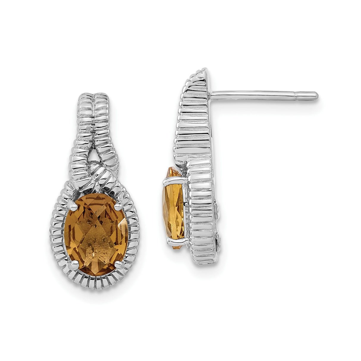 Sterling Silver Dangle Earrings with Whiskey Quartz Oval Gemstone, Twisted Loop Design