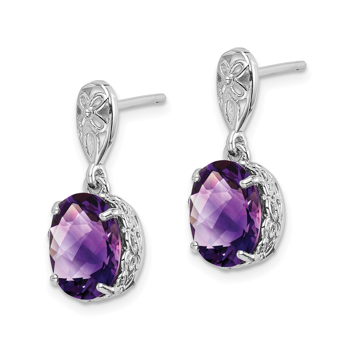 Sterling Silver Dangle Earrings with Oval Cut Amethyst and Floral Filigree Design