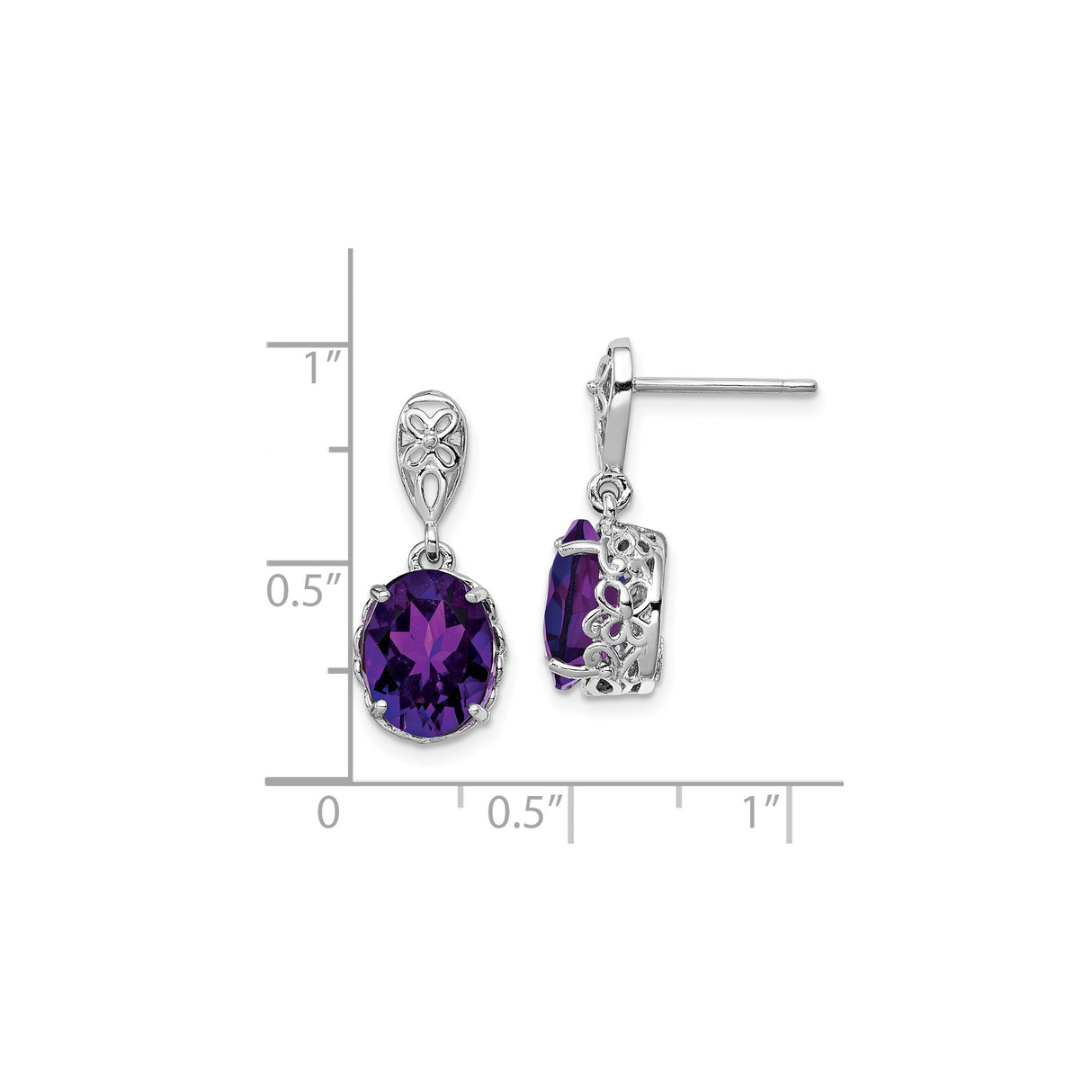Sterling Silver Dangle Earrings with Oval Cut Amethyst and Floral Filigree Design