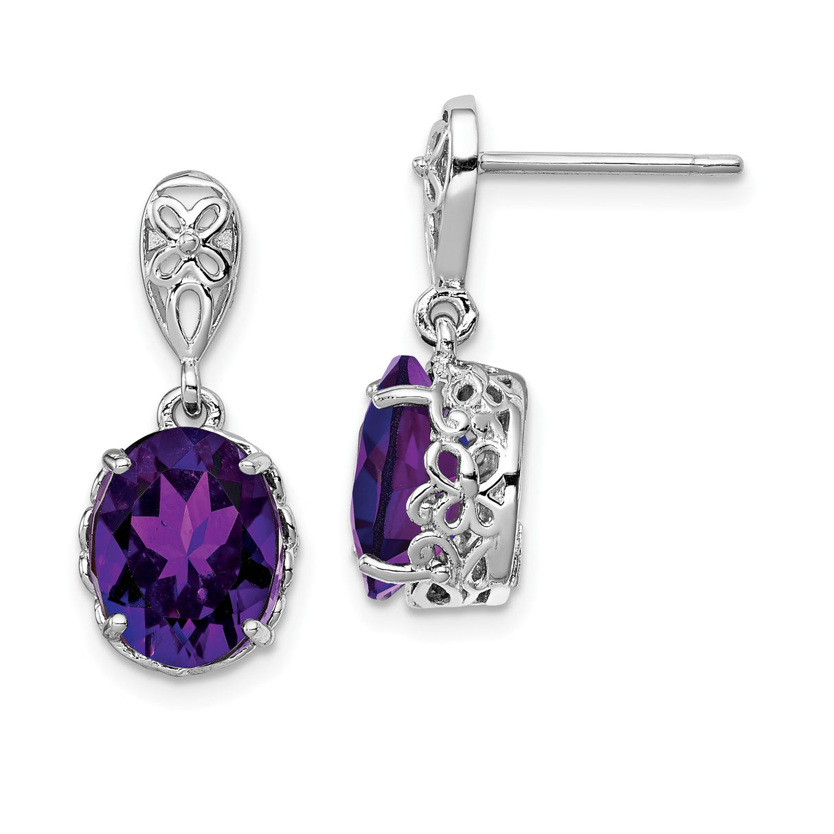 Sterling Silver Dangle Earrings with Oval Cut Amethyst and Floral Filigree Design