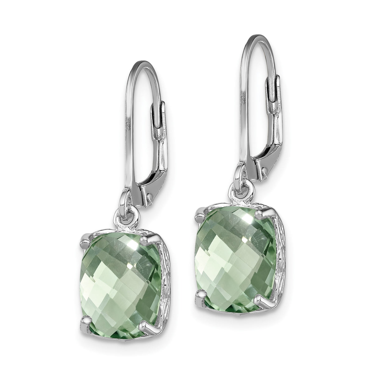 Sterling Silver Drop Earrings with Cushion Cut Prasiolite and Floral Design Leverbacks for Women