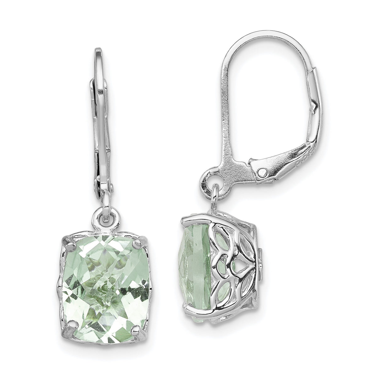 Sterling Silver Drop Earrings with Cushion Cut Prasiolite and Floral Design Leverbacks for Women