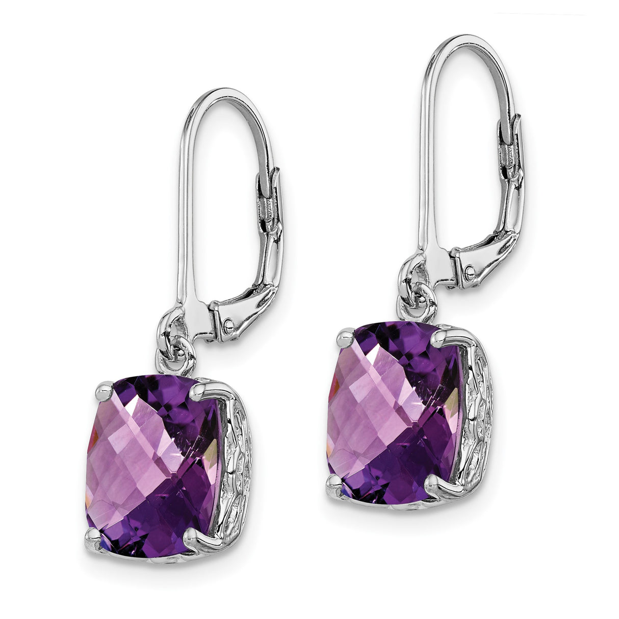 Sterling Silver Dangle Earrings with Cushion Cut Amethyst, Filigree Design, February Birthstone