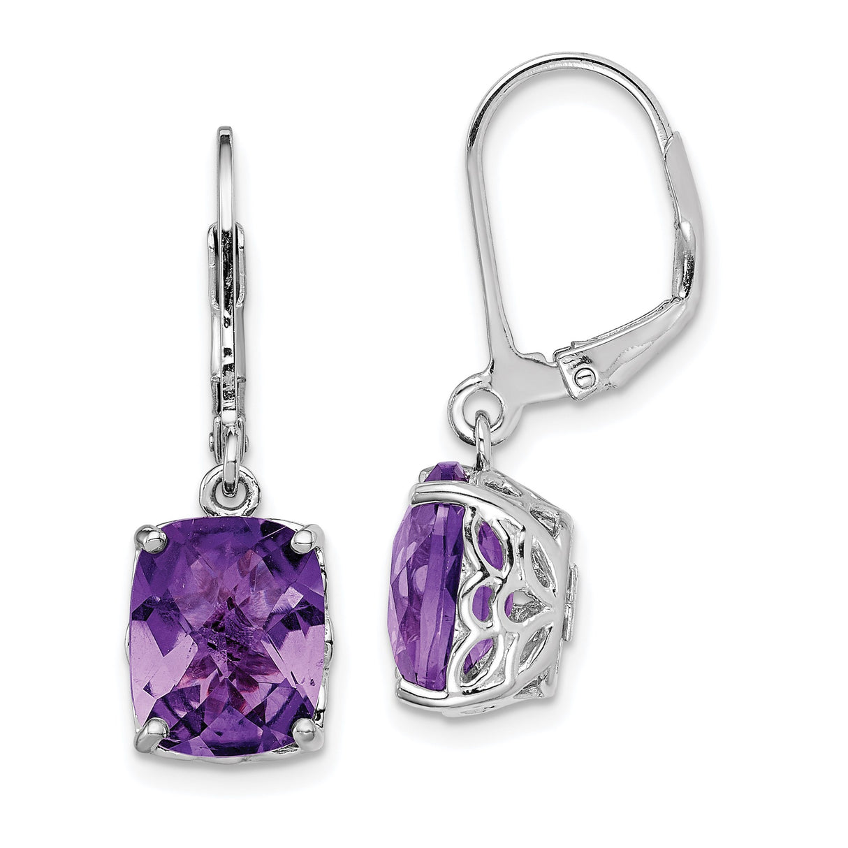 Sterling Silver Dangle Earrings with Cushion Cut Amethyst, Filigree Design, February Birthstone