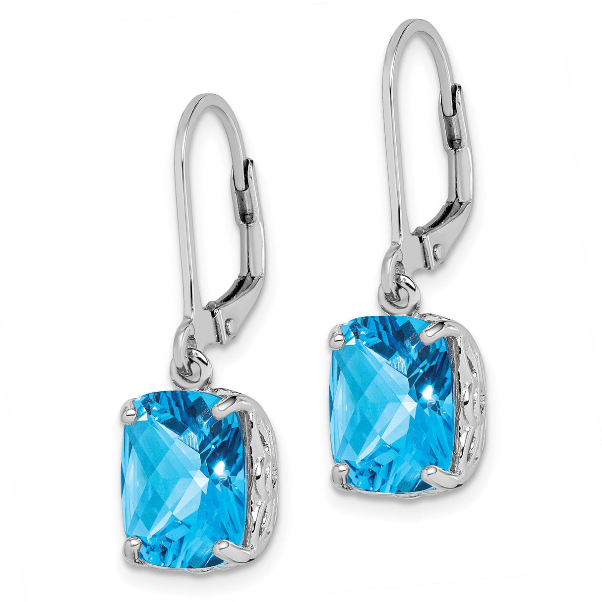 Sterling Silver Dangle Earrings with Cushion-Cut Swiss Blue Topaz, Leverback Closure, Classic Design