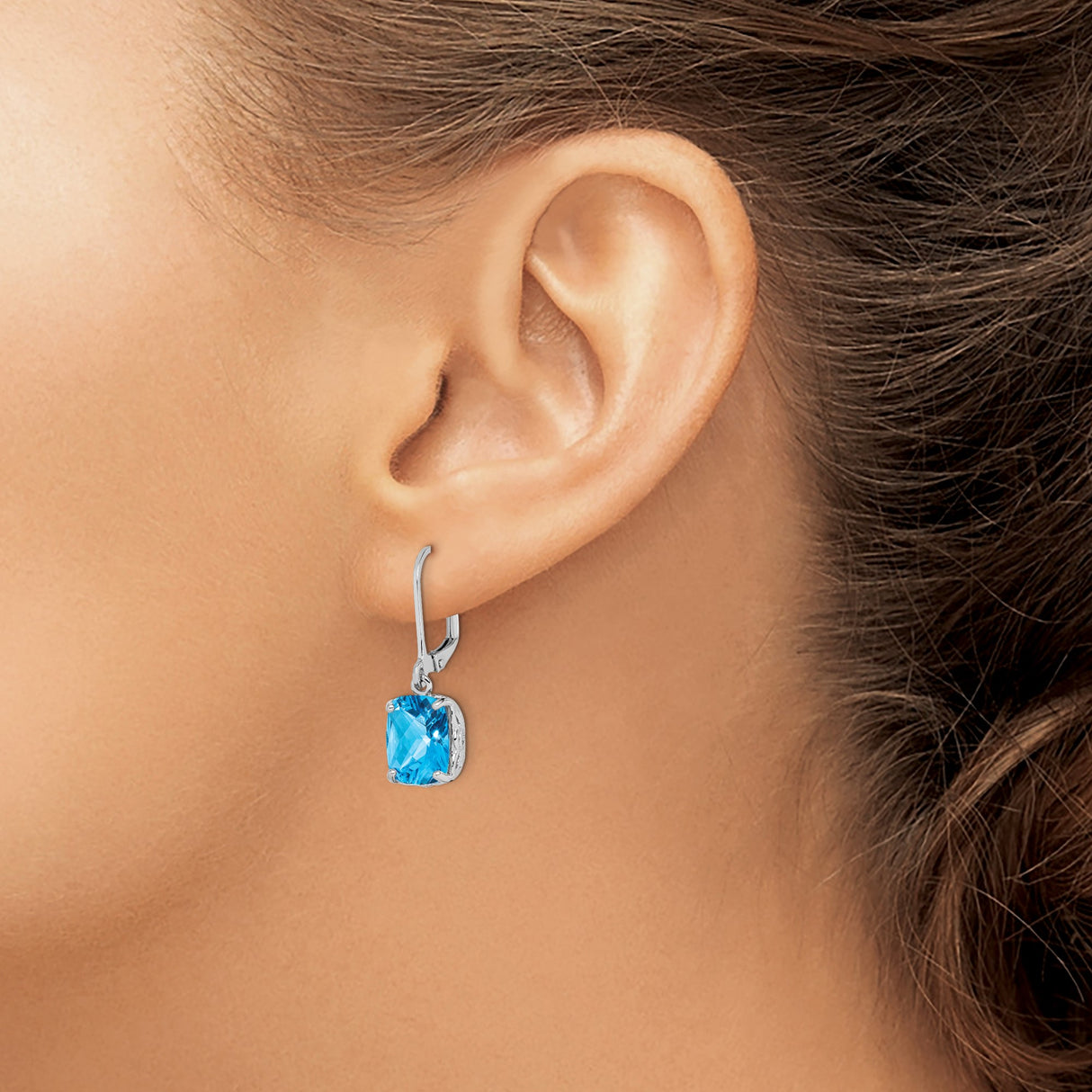 Sterling Silver Dangle Earrings with Cushion-Cut Swiss Blue Topaz, Leverback Closure, Classic Design