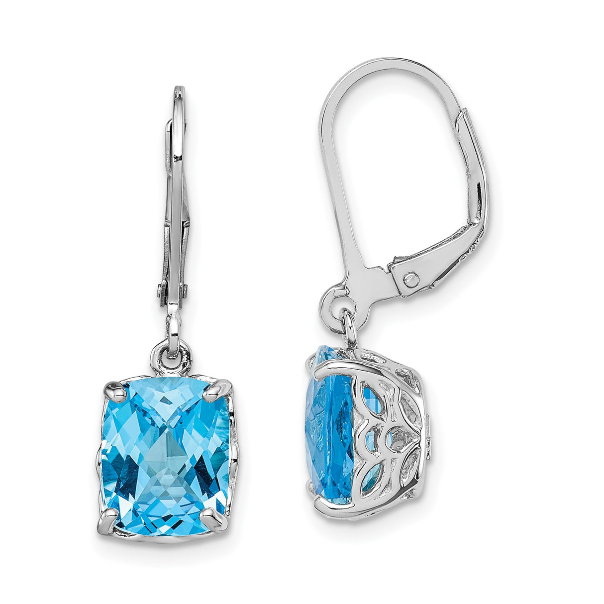 Sterling Silver Dangle Earrings with Cushion-Cut Swiss Blue Topaz, Leverback Closure, Classic Design