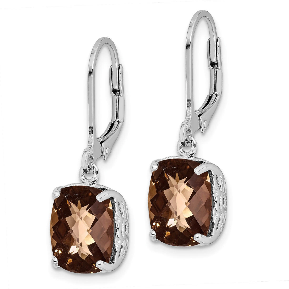 Sterling Silver Dangle Earrings with Cushion Cut Smoky Quartz and Filigree Detail