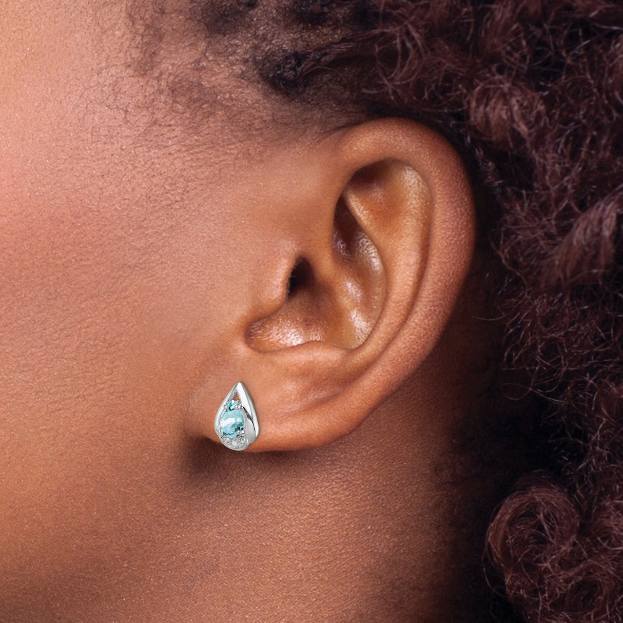 Sterling Silver Teardrop Stud Earrings with Aquamarine and Diamond Accents