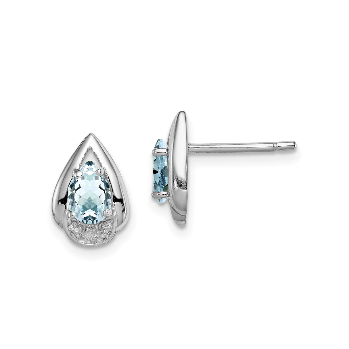 Sterling Silver Teardrop Stud Earrings with Aquamarine and Diamond Accents