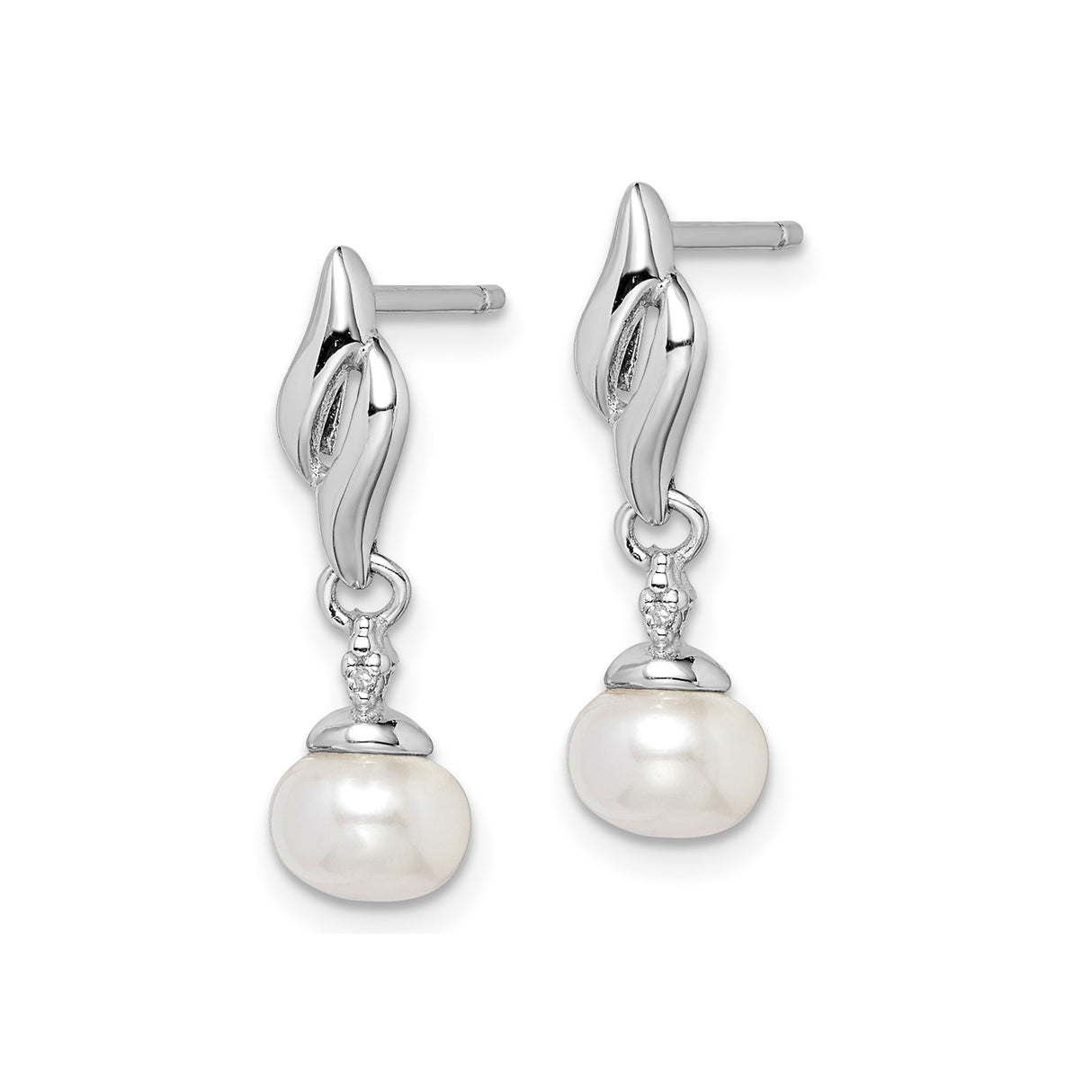 Sterling Silver Drop Earrings with White Freshwater Cultured Pearls and Diamonds, Sculpted Design