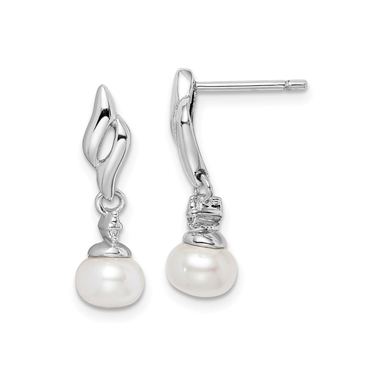 Sterling Silver Drop Earrings with White Freshwater Cultured Pearls and Diamonds, Sculpted Design