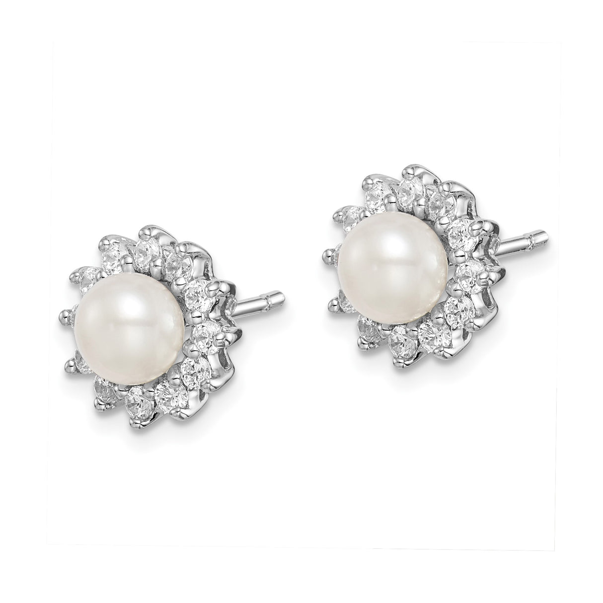 Sterling Silver Stud Earrings with White Pearl Center and Cubic Zirconia Floral Halo