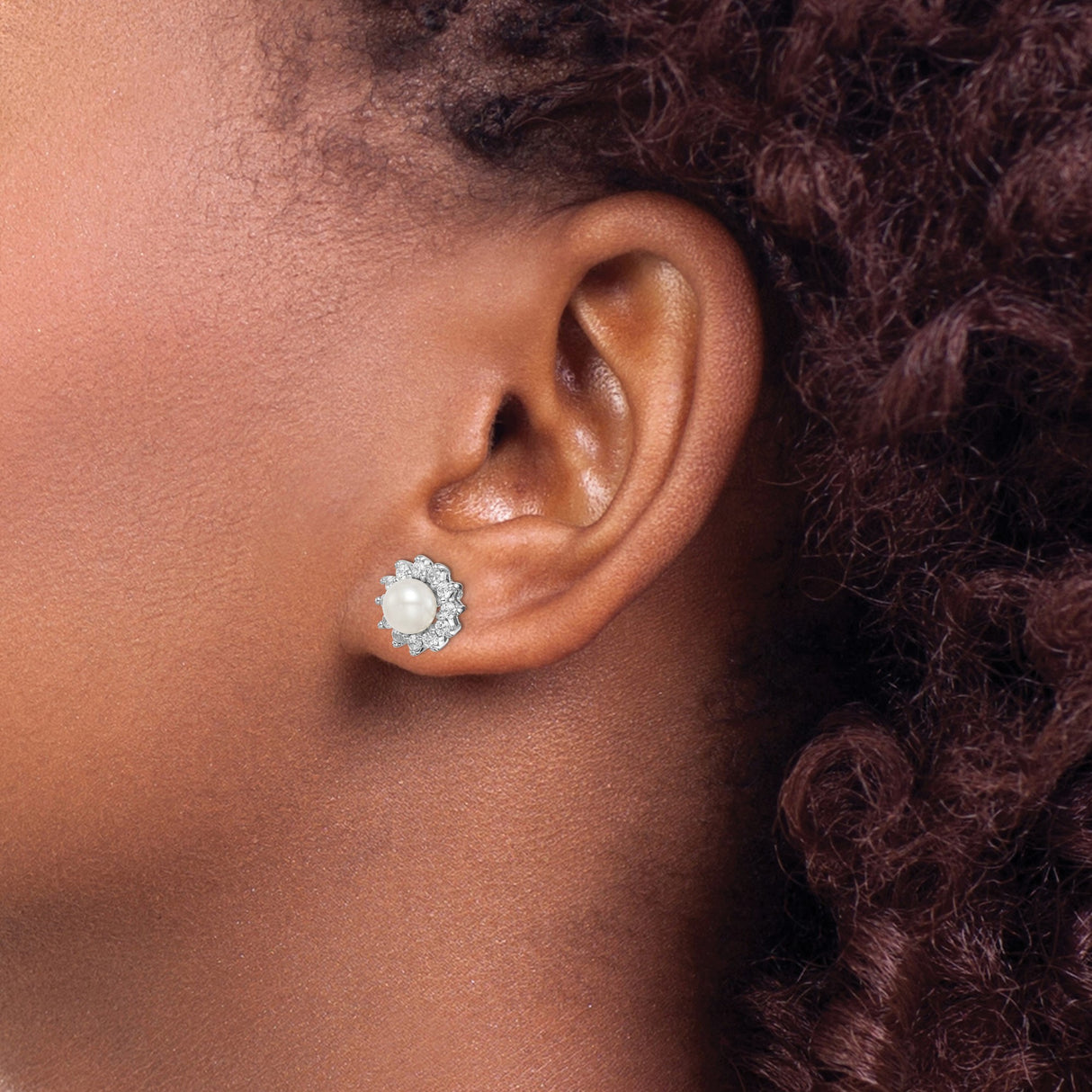 Sterling Silver Stud Earrings with White Pearl Center and Cubic Zirconia Floral Halo