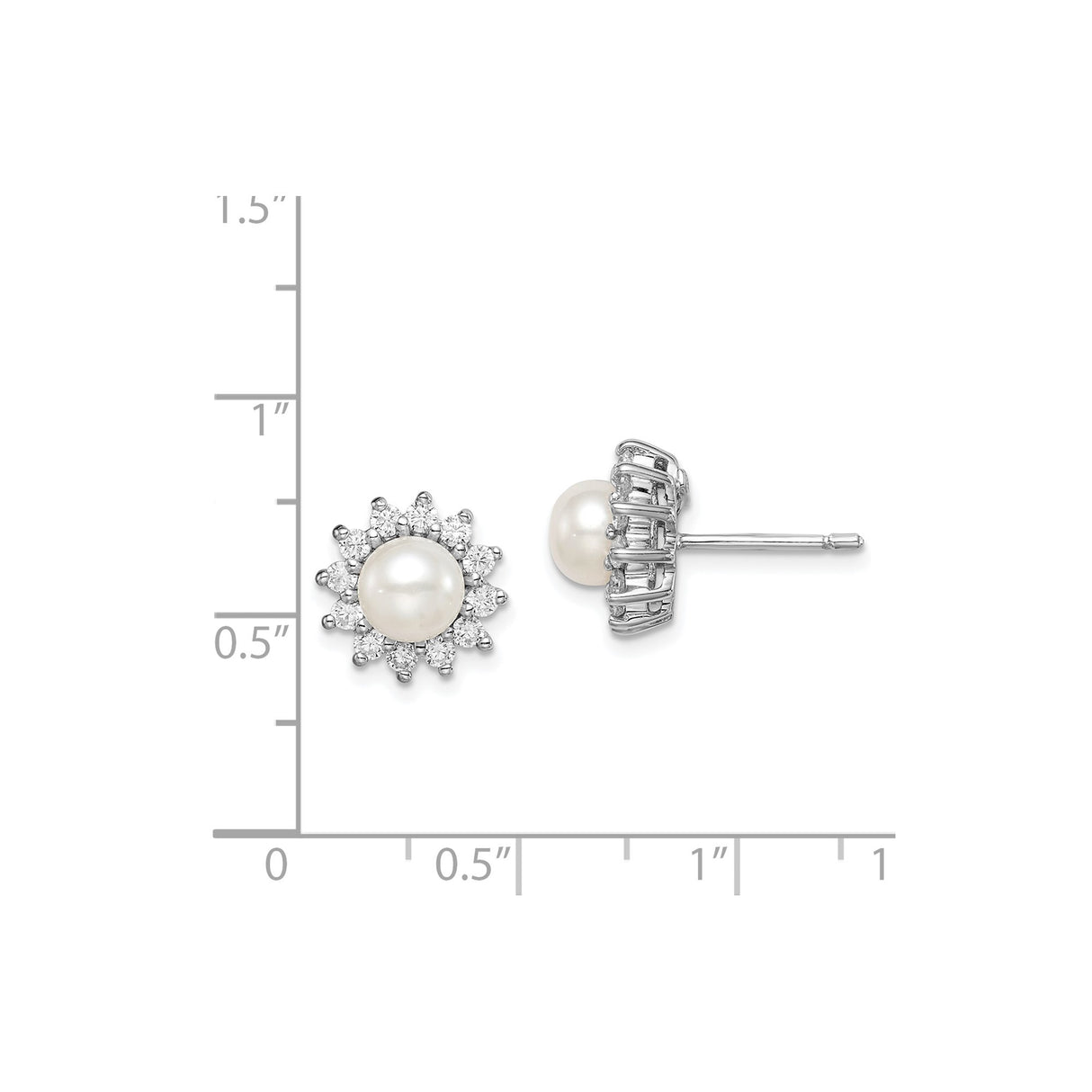 Sterling Silver Stud Earrings with White Pearl Center and Cubic Zirconia Floral Halo