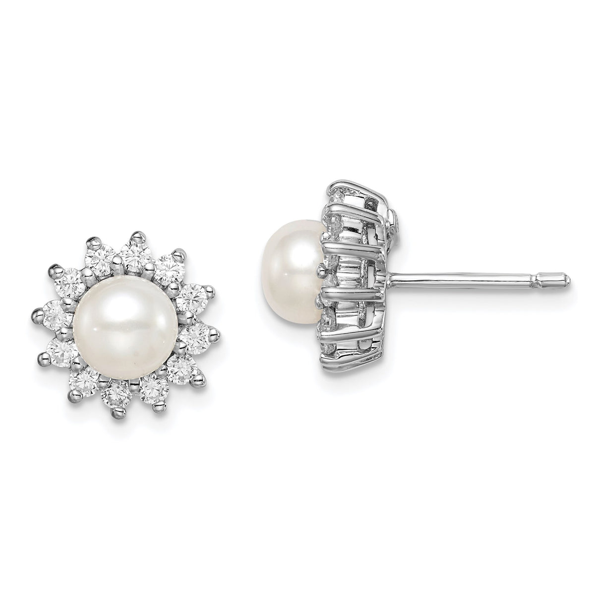 Sterling Silver Stud Earrings with White Pearl Center and Cubic Zirconia Floral Halo