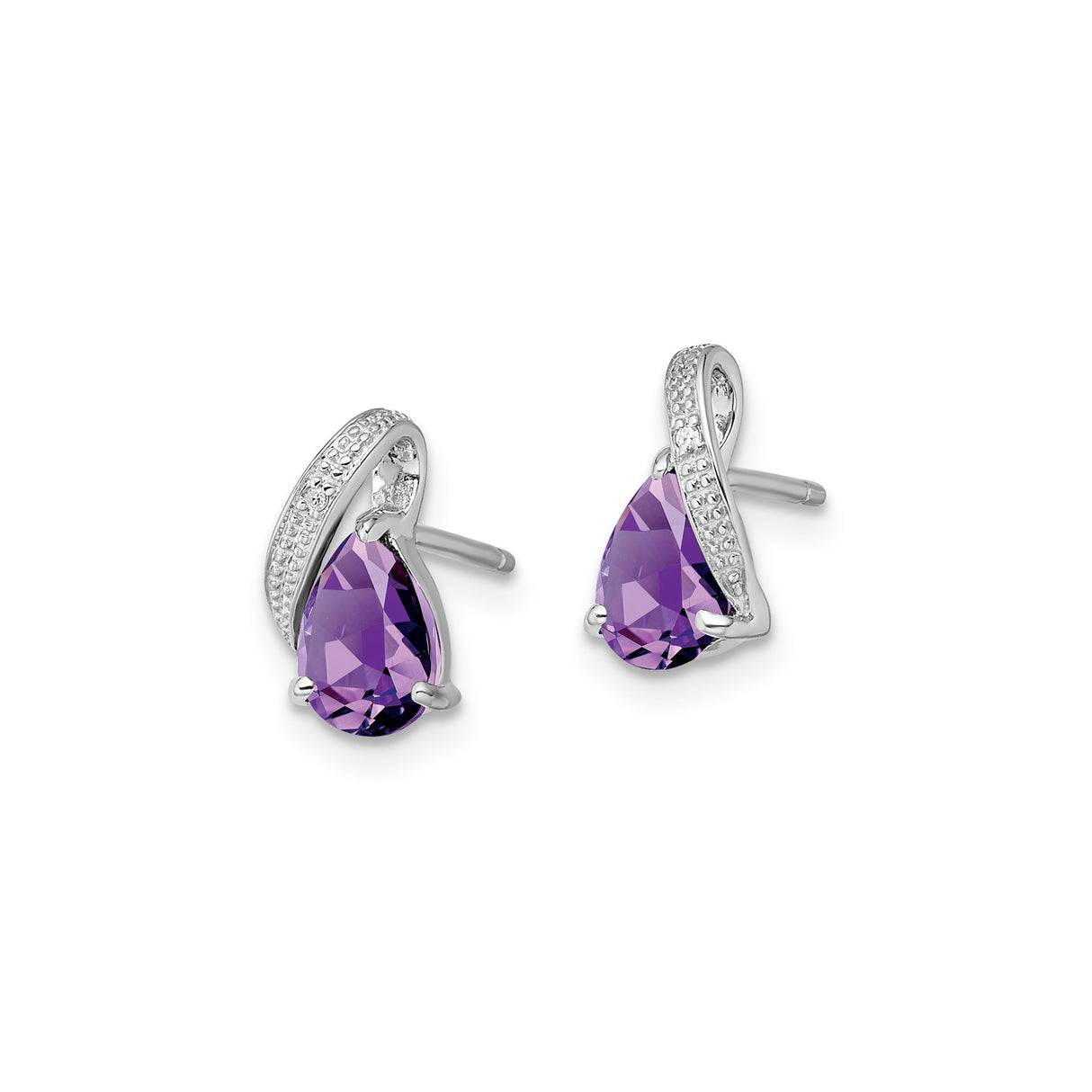 Sterling Silver Teardrop Stud Earrings with Amethyst and Diamond Accents, Swirl Design