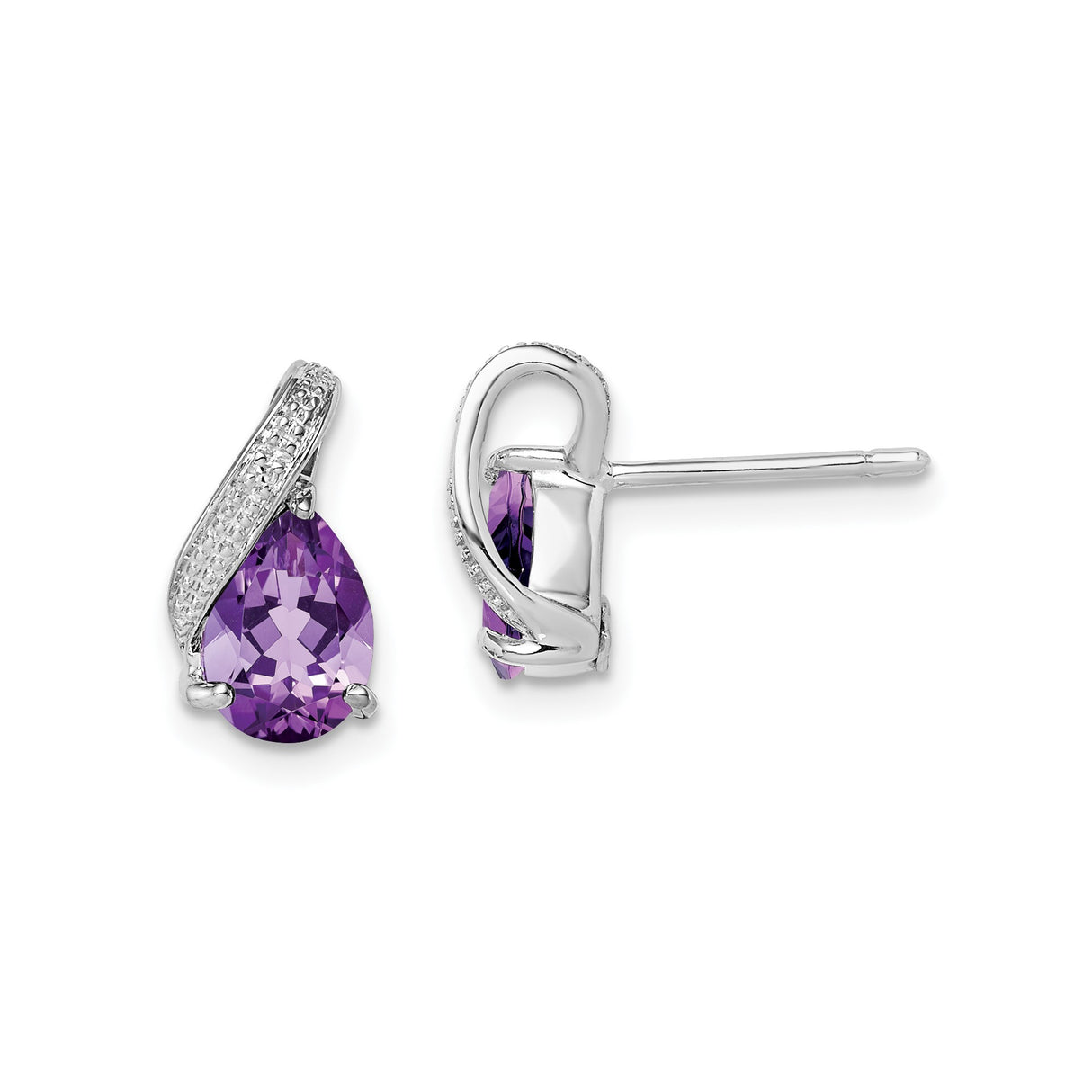 Sterling Silver Teardrop Stud Earrings with Amethyst and Diamond Accents, Swirl Design