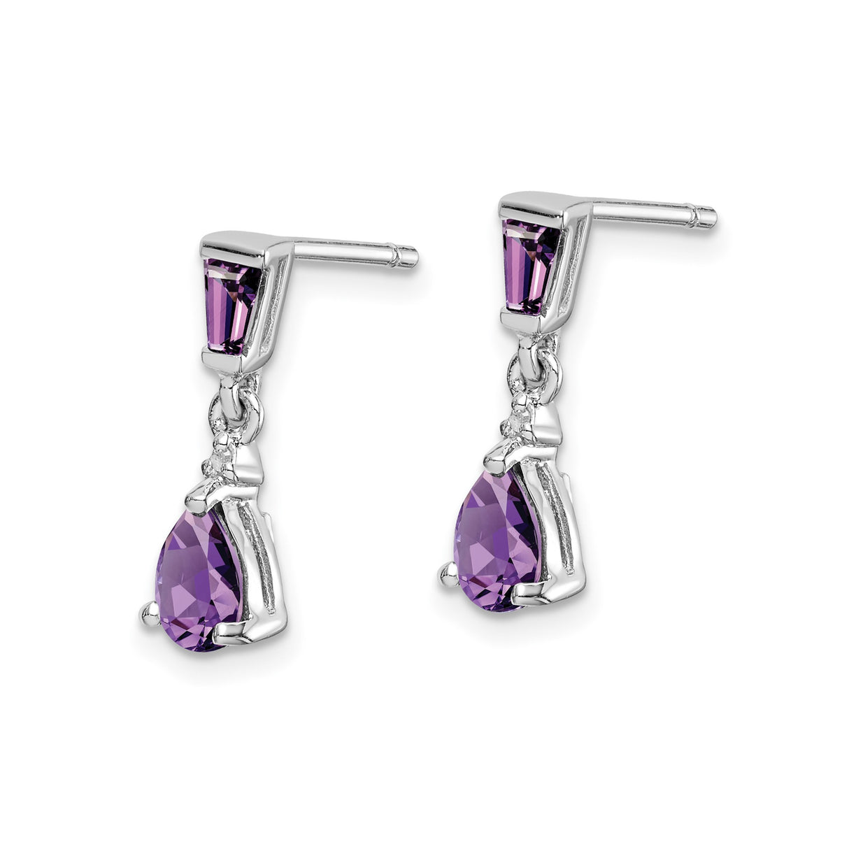 Sterling Silver Dangle Earrings with Faceted Pear and Baguette Cut Amethyst, Modern Drop Design