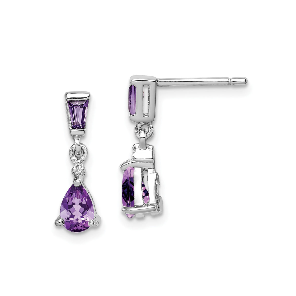 Sterling Silver Dangle Earrings with Faceted Pear and Baguette Cut Amethyst, Modern Drop Design