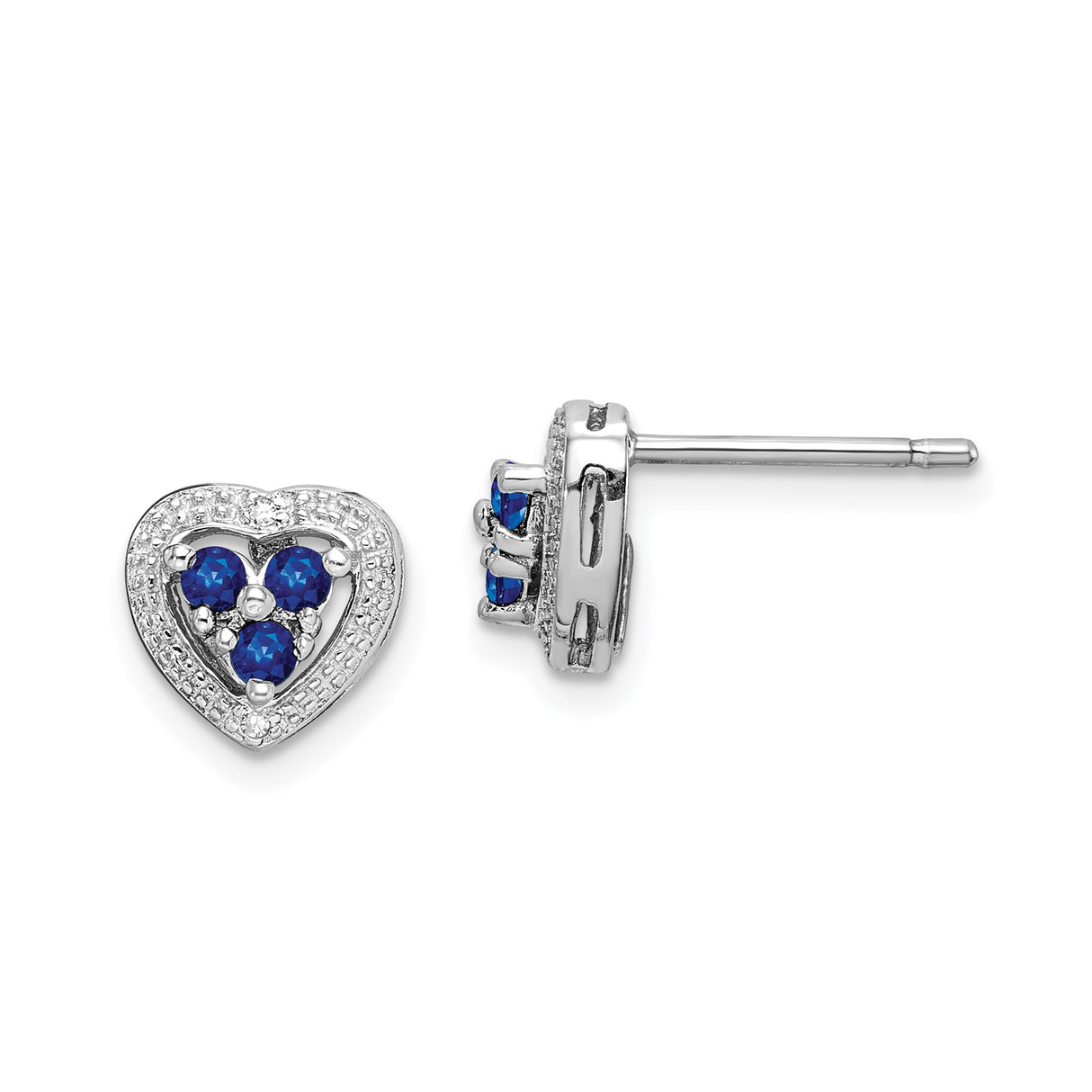 Sterling Silver Heart Stud Earrings with Sapphire and Diamond Accents for Women