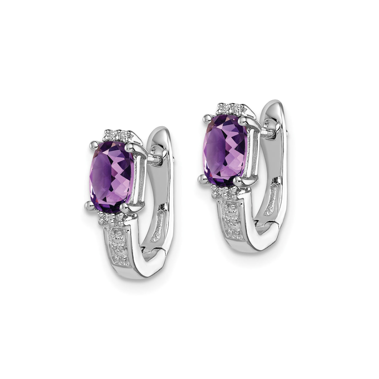 Sterling Silver Hoop Earrings with Amethyst and Diamond Accents, Polished Lightweight Design