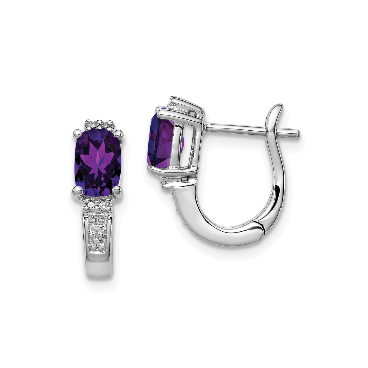 Sterling Silver Hoop Earrings with Amethyst and Diamond Accents, Polished Lightweight Design