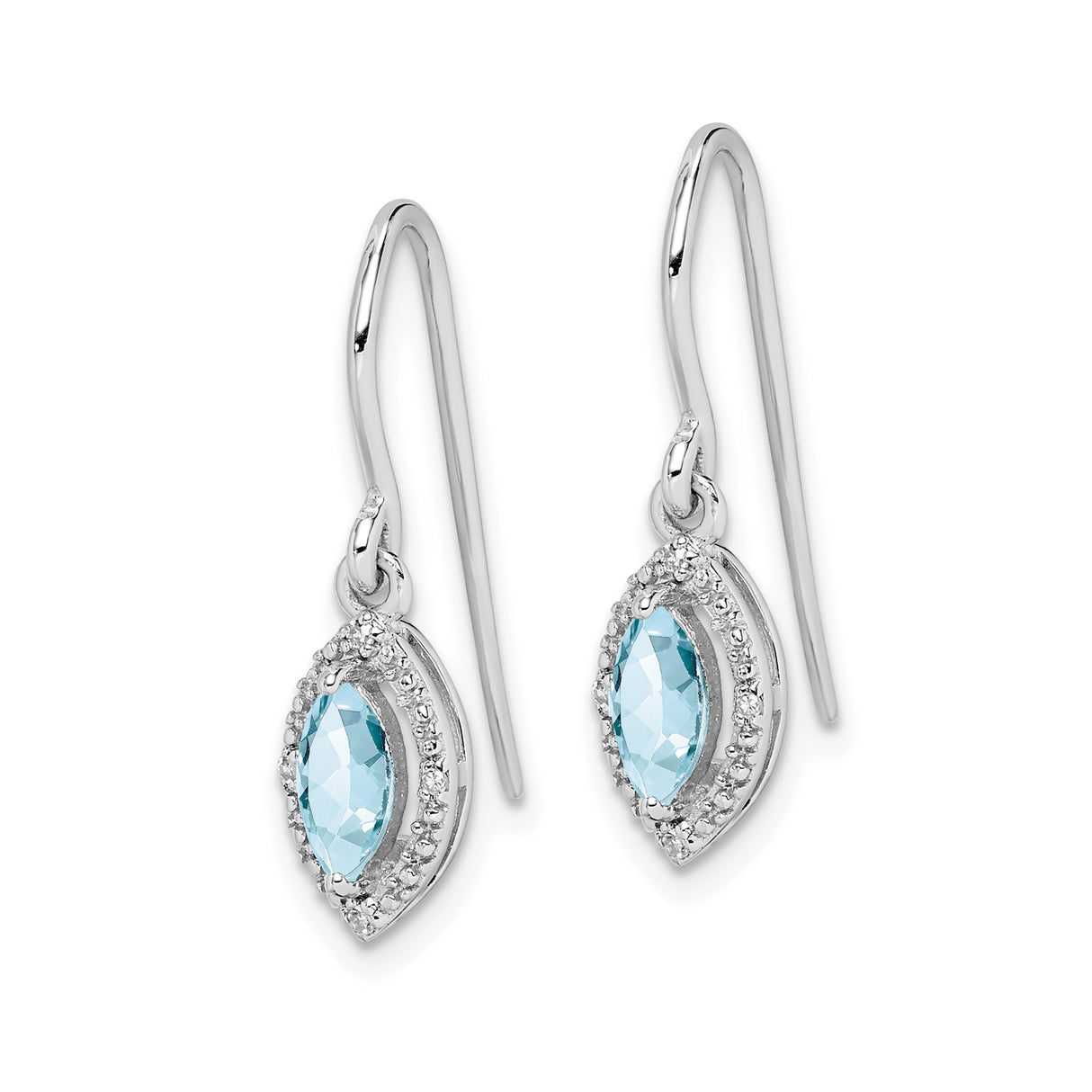 Sterling Silver Dangle Earrings with Marquise Cut Aquamarine and Diamond Halo Design