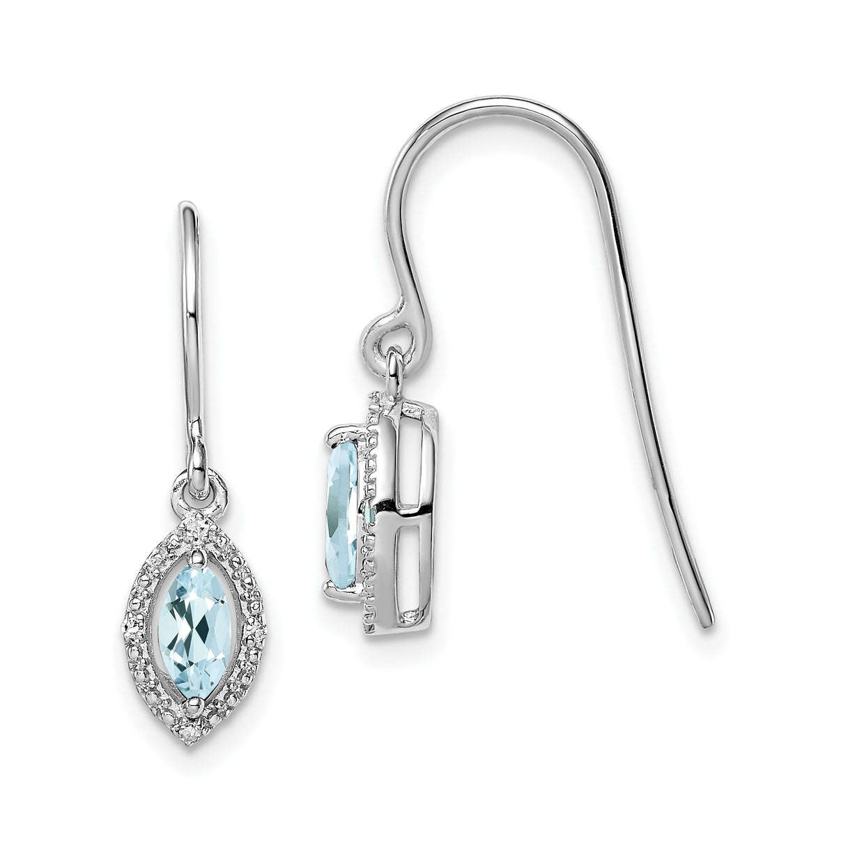 Sterling Silver Dangle Earrings with Marquise Cut Aquamarine and Diamond Halo Design