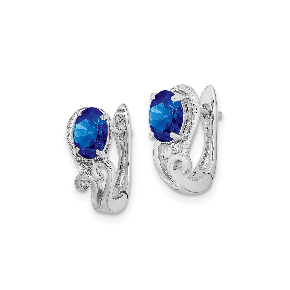 Sterling Silver Drop Earrings with Sapphire and Diamond, Scrollwork Design, Dangle Style