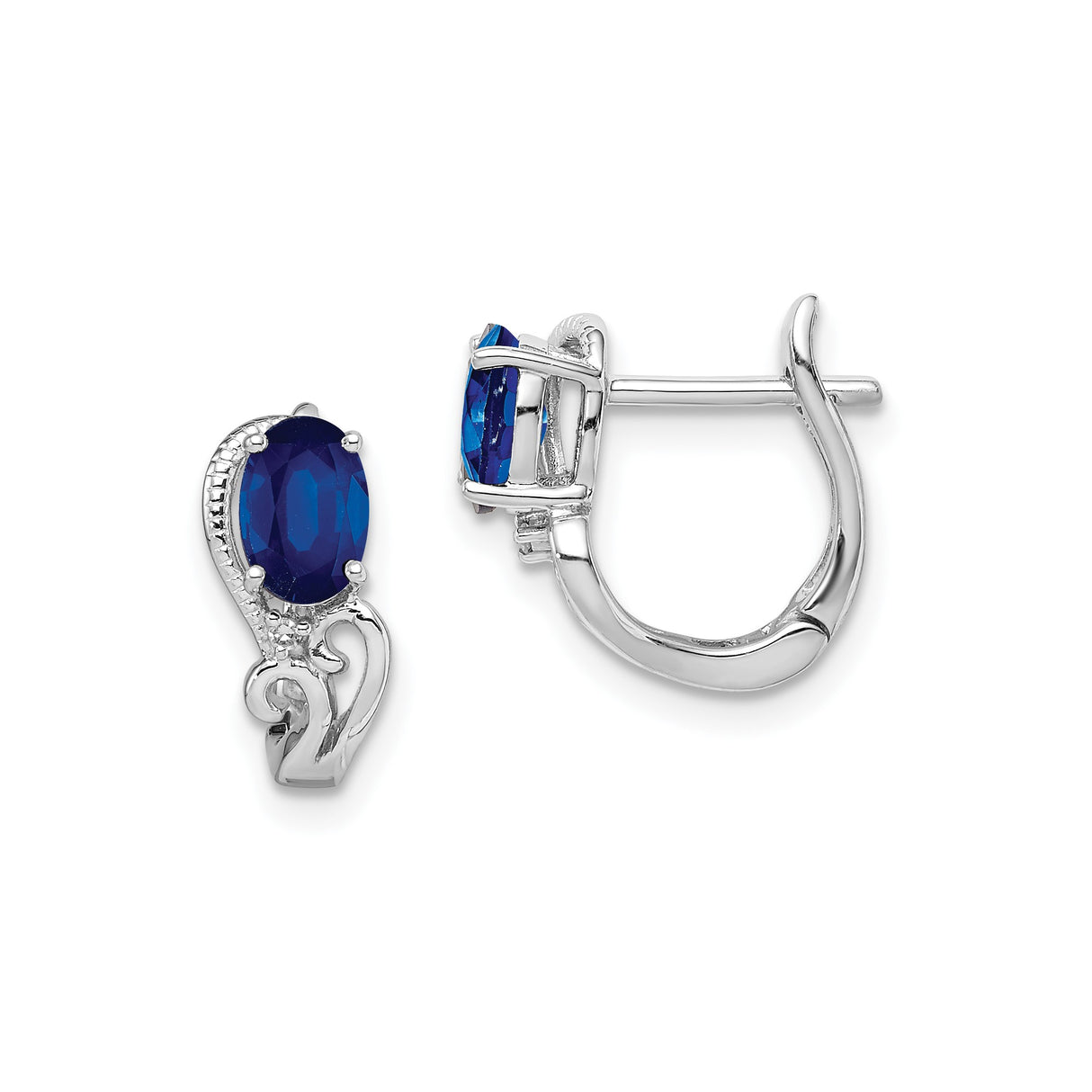 Sterling Silver Drop Earrings with Sapphire and Diamond, Scrollwork Design, Dangle Style