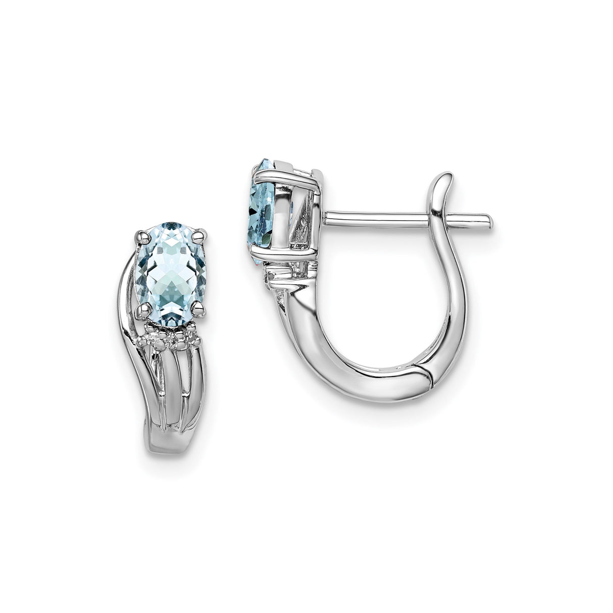 Sterling Silver Hoop Earrings with Oval Aquamarine and Diamond Accents, Polished Dangle Design