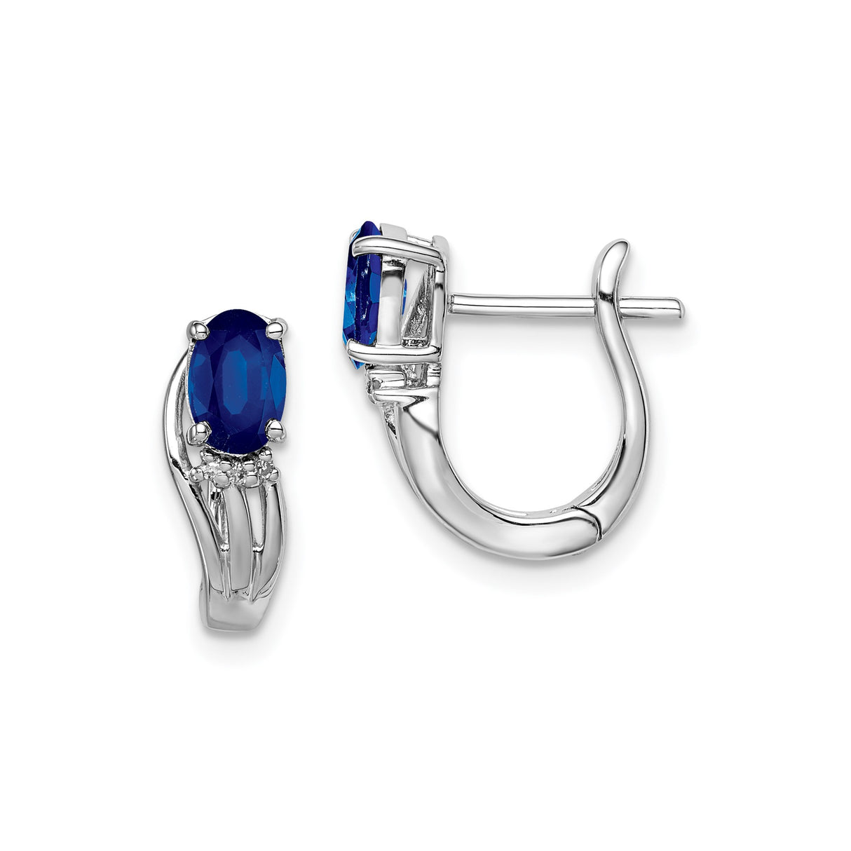 Sterling Silver Hoop Earrings with Blue Sapphire and Diamond Wave Design