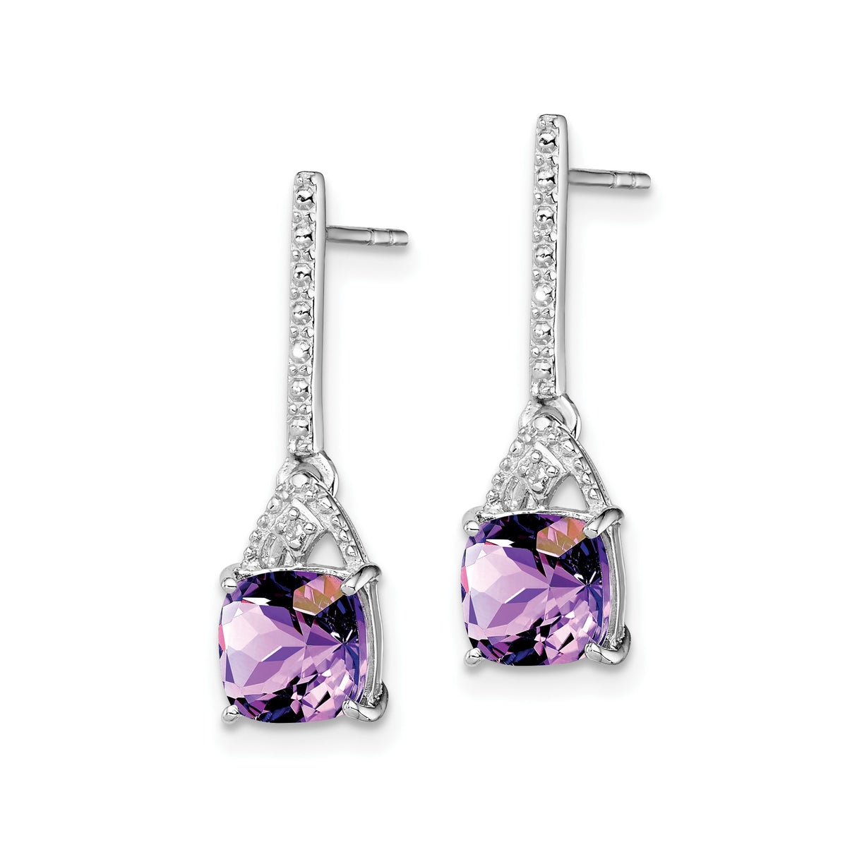 Sterling Silver Dangle Earrings with Cushion Cut Amethyst and Diamond Accents