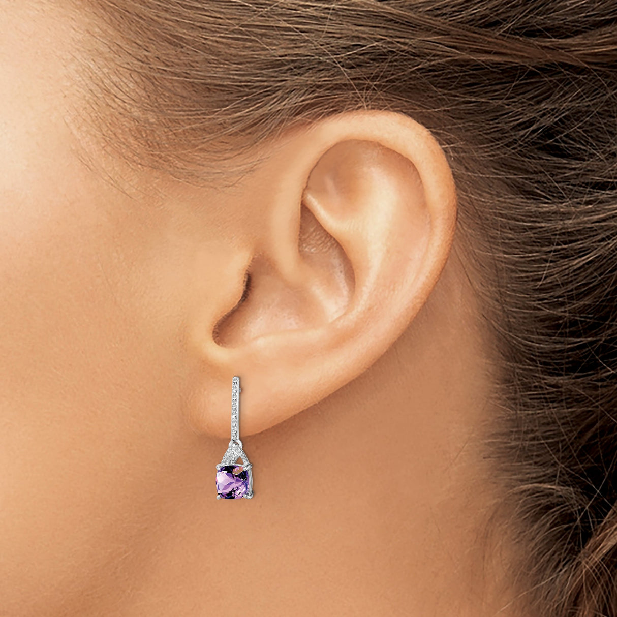 Sterling Silver Dangle Earrings with Cushion Cut Amethyst and Diamond Accents