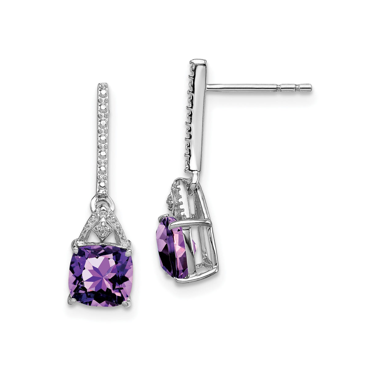 Sterling Silver Dangle Earrings with Cushion Cut Amethyst and Diamond Accents