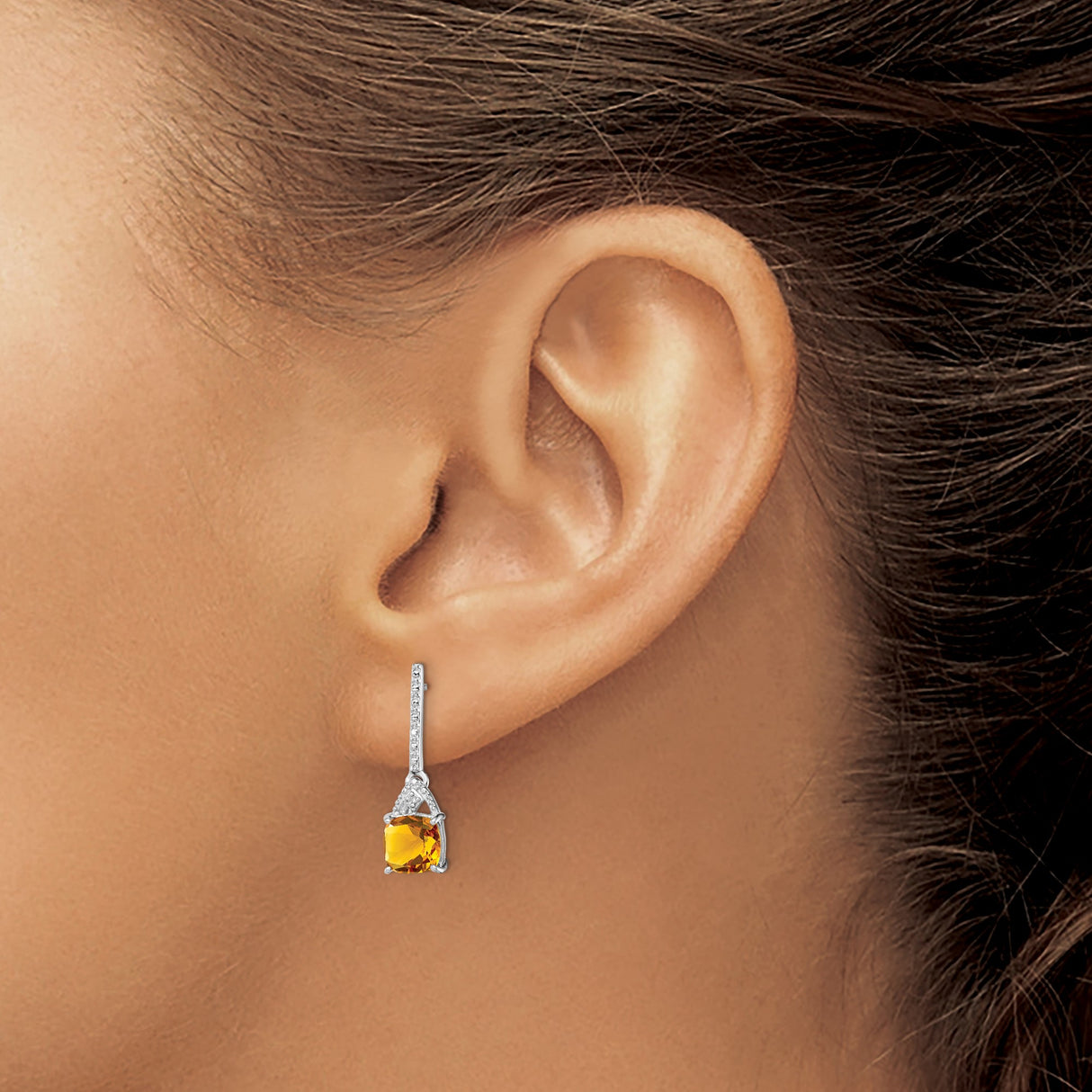 Sterling Silver Drop Earrings with Cushion Cut Citrine and Diamond Accents