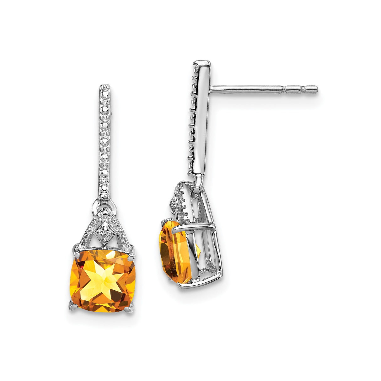Sterling Silver Drop Earrings with Cushion Cut Citrine and Diamond Accents