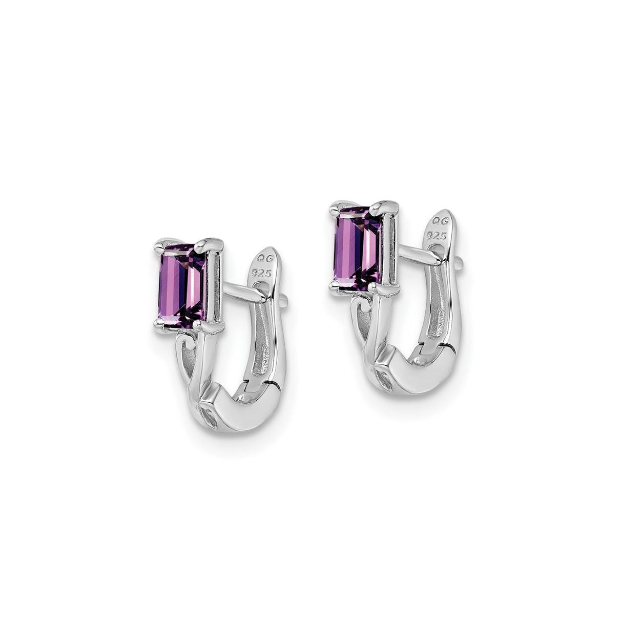 Sterling Silver Hoop Earrings with Amethyst Rectangle Gemstones, Openwork Design for Women
