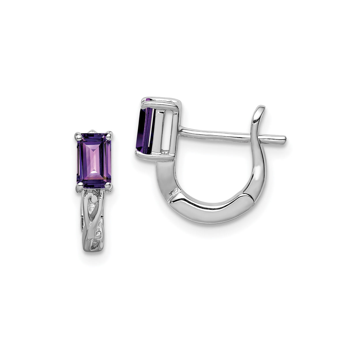 Sterling Silver Hoop Earrings with Amethyst Rectangle Gemstones, Openwork Design for Women