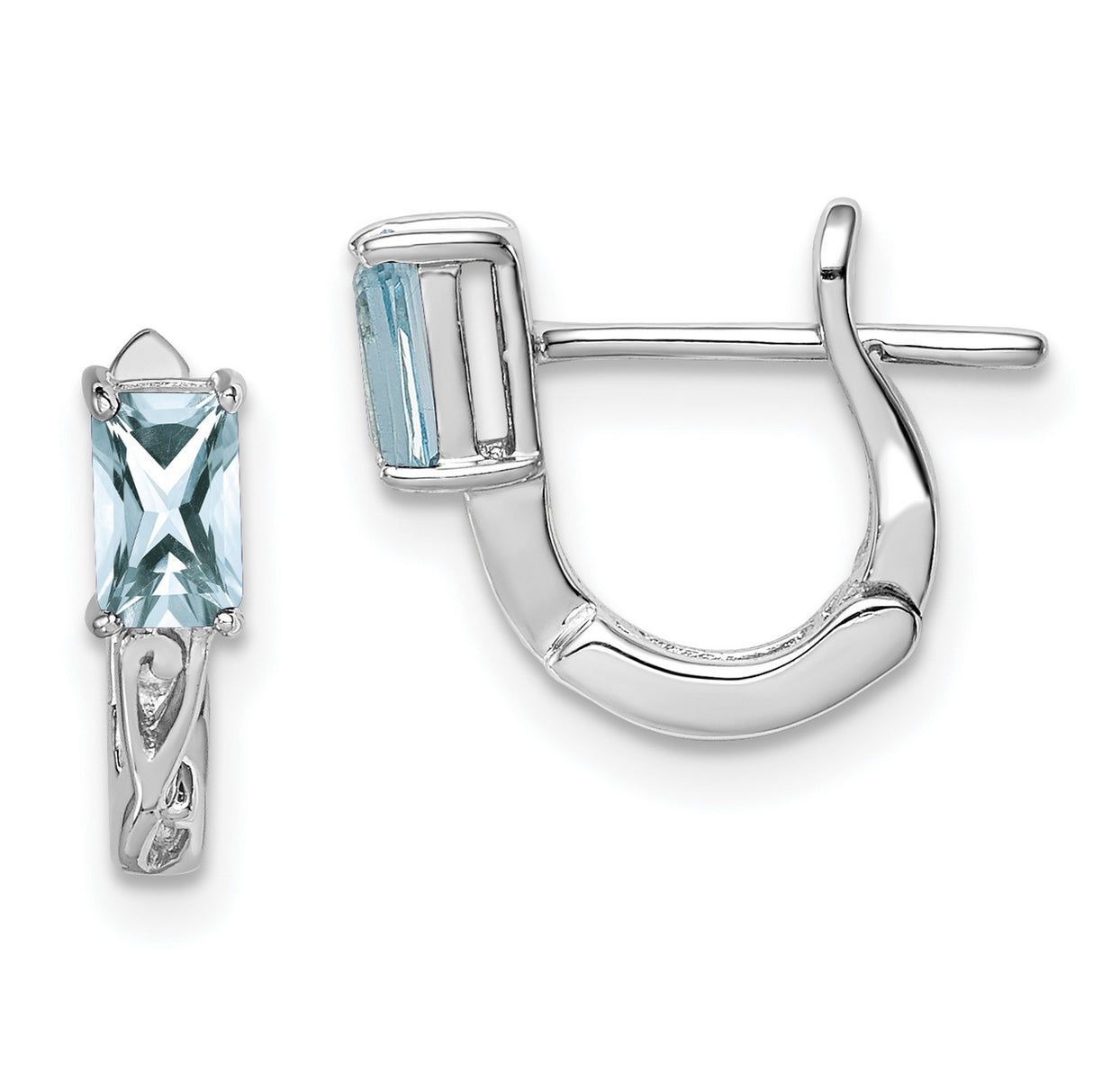 Sterling Silver Hoop Earrings with Aquamarine Rectangular Stones and Openwork Detail