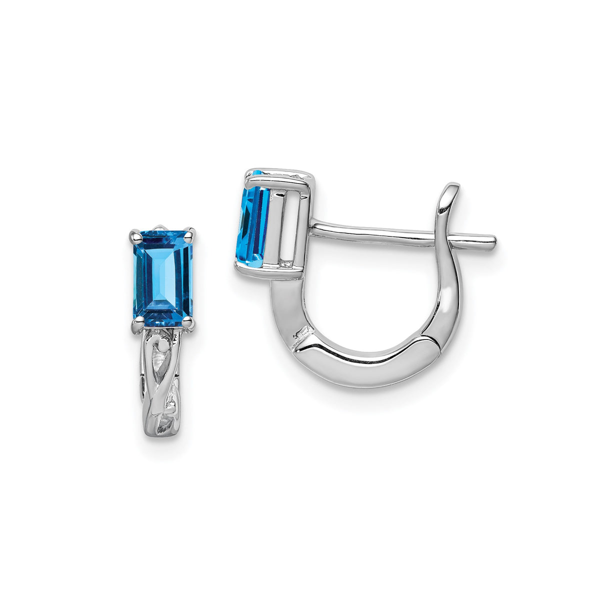 Sterling Silver Hoop Earrings with Swiss Blue Topaz, Openwork Design, Polished Finish