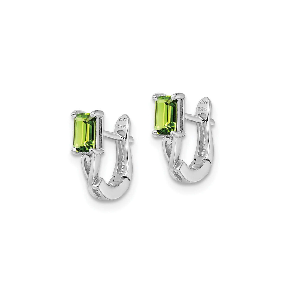Sterling Silver Hoop Earrings with Peridot, Rectangular Gems and Open Scroll Detailing