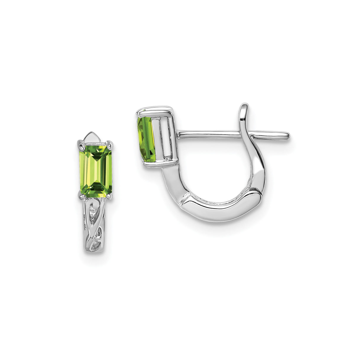 Sterling Silver Hoop Earrings with Peridot, Rectangular Gems and Open Scroll Detailing