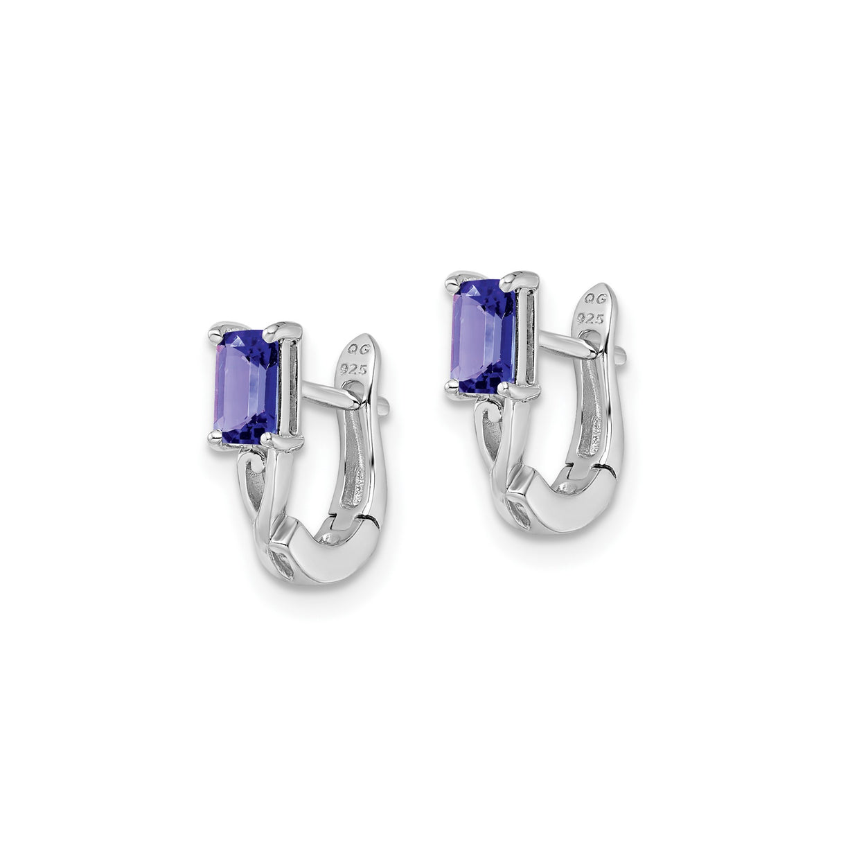 Sterling Silver Hoop Earrings with Tanzanite, Rectangular Gemstones, Openwork Design