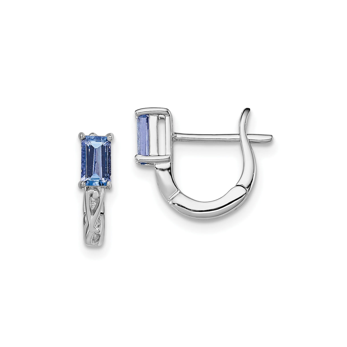 Sterling Silver Hoop Earrings with Tanzanite, Rectangular Gemstones, Openwork Design