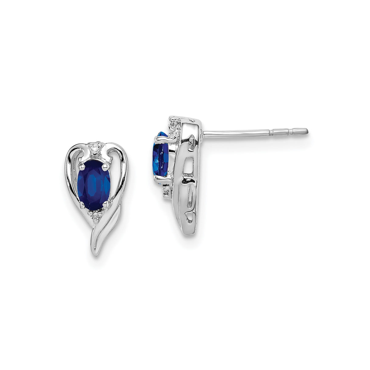 Sterling Silver Stud Earrings with Oval Sapphire and Diamond Accents in Heart Design