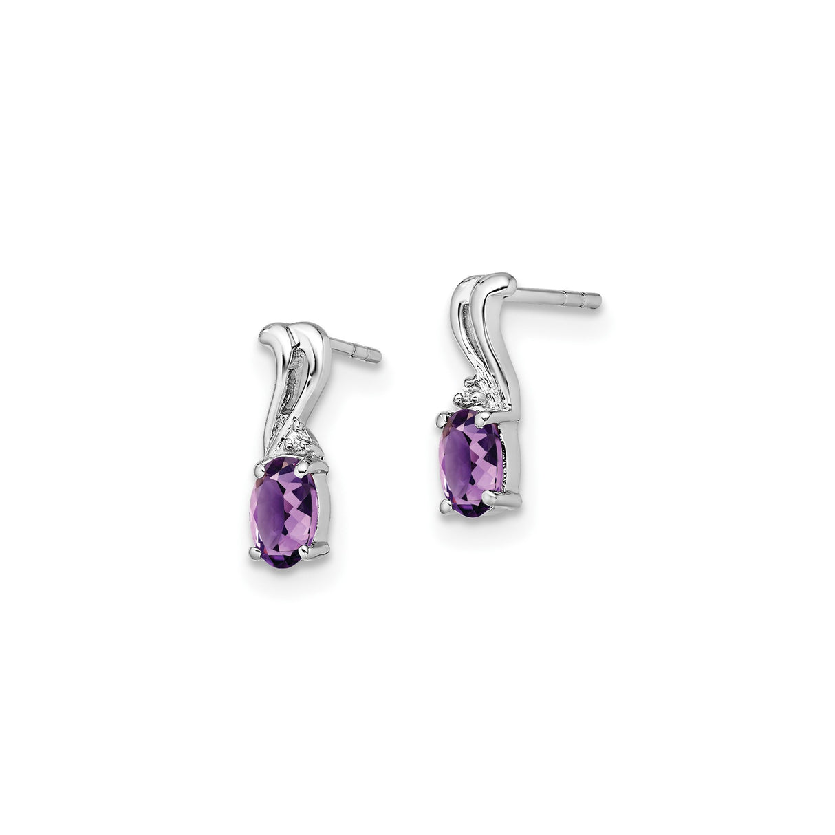 Sterling Silver Amethyst Stud Earrings with Diamond Accents, Oval Cut, Curved Design